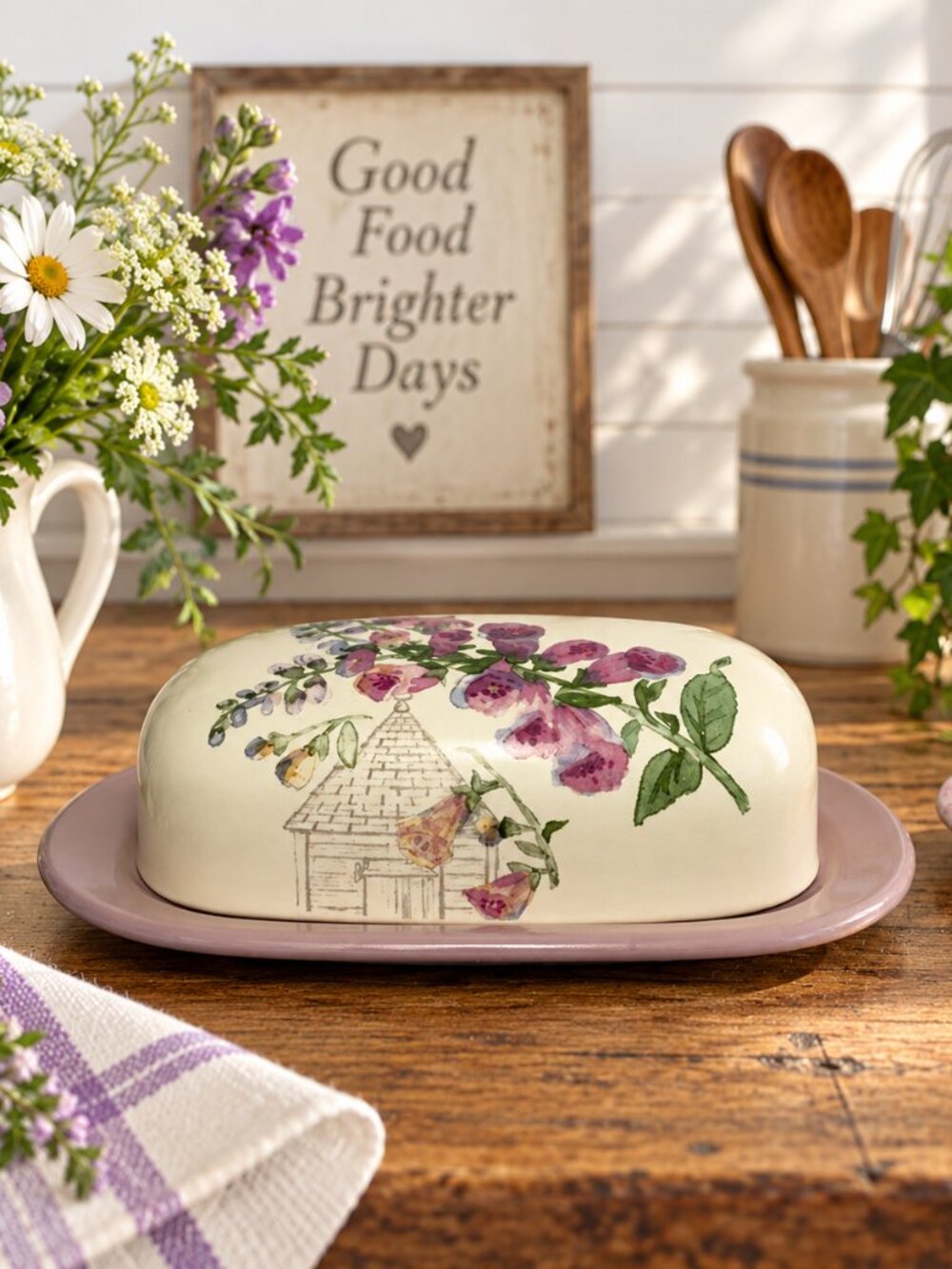 Pfaltzgraff Cape May Covered Butter Dish 2 Pc Lavender Foxglove Birdhouse Cottag
